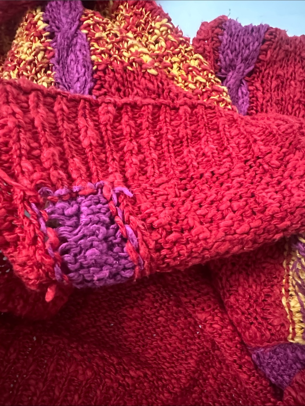 Red Colorblock Knit Short-Sleeve Top with Yellow and Purple Details - Picture 6 of 6